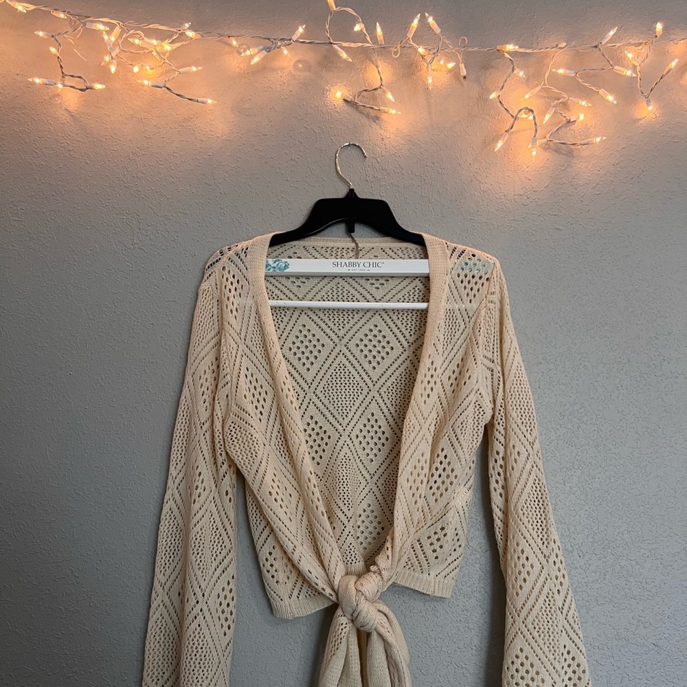 🎀 Knit Tie Front Shrug Sweater in Cream with Bell Sleeves